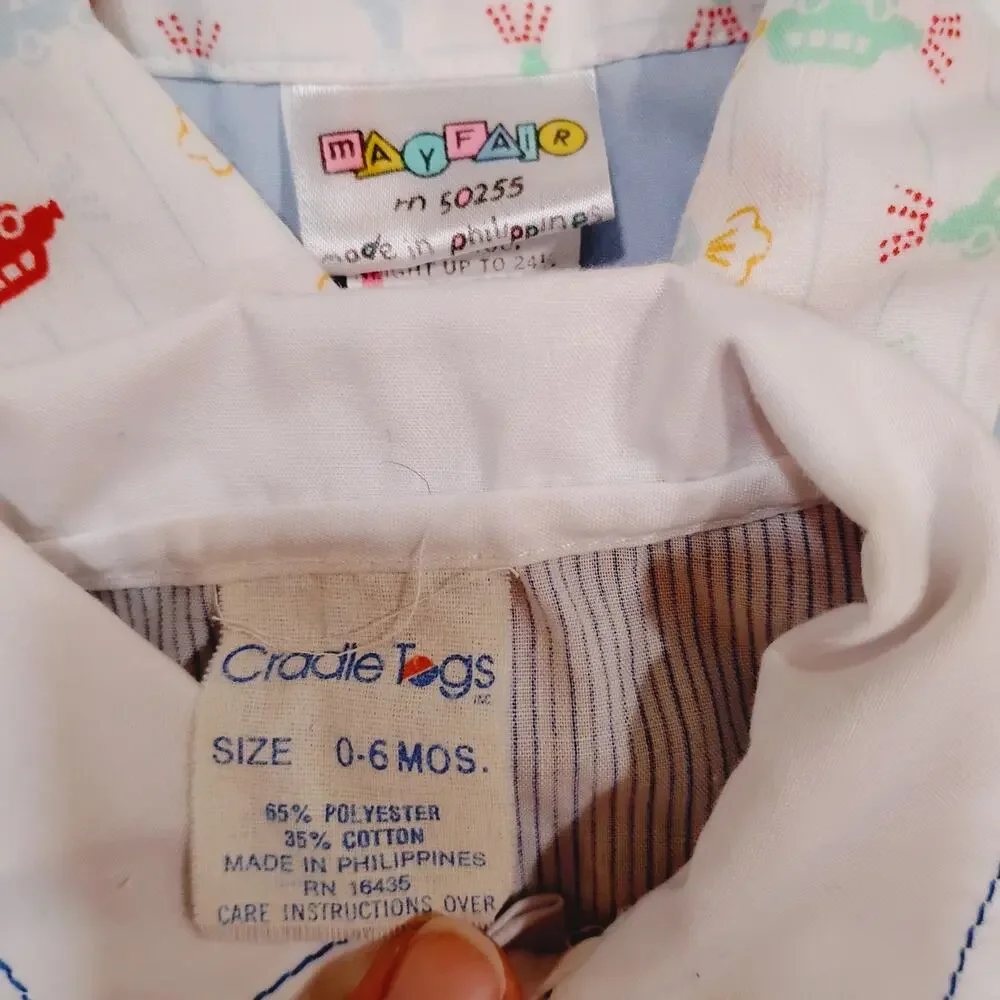 Vintage Baby Infant 0-6 Months Button Up Shirts Lot Embroidered Trains Cars Tie